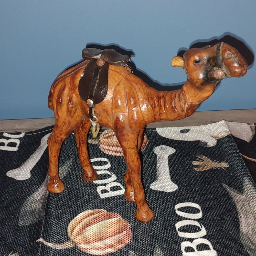 Camel hand carved wooden vintage figurine with leather saddle